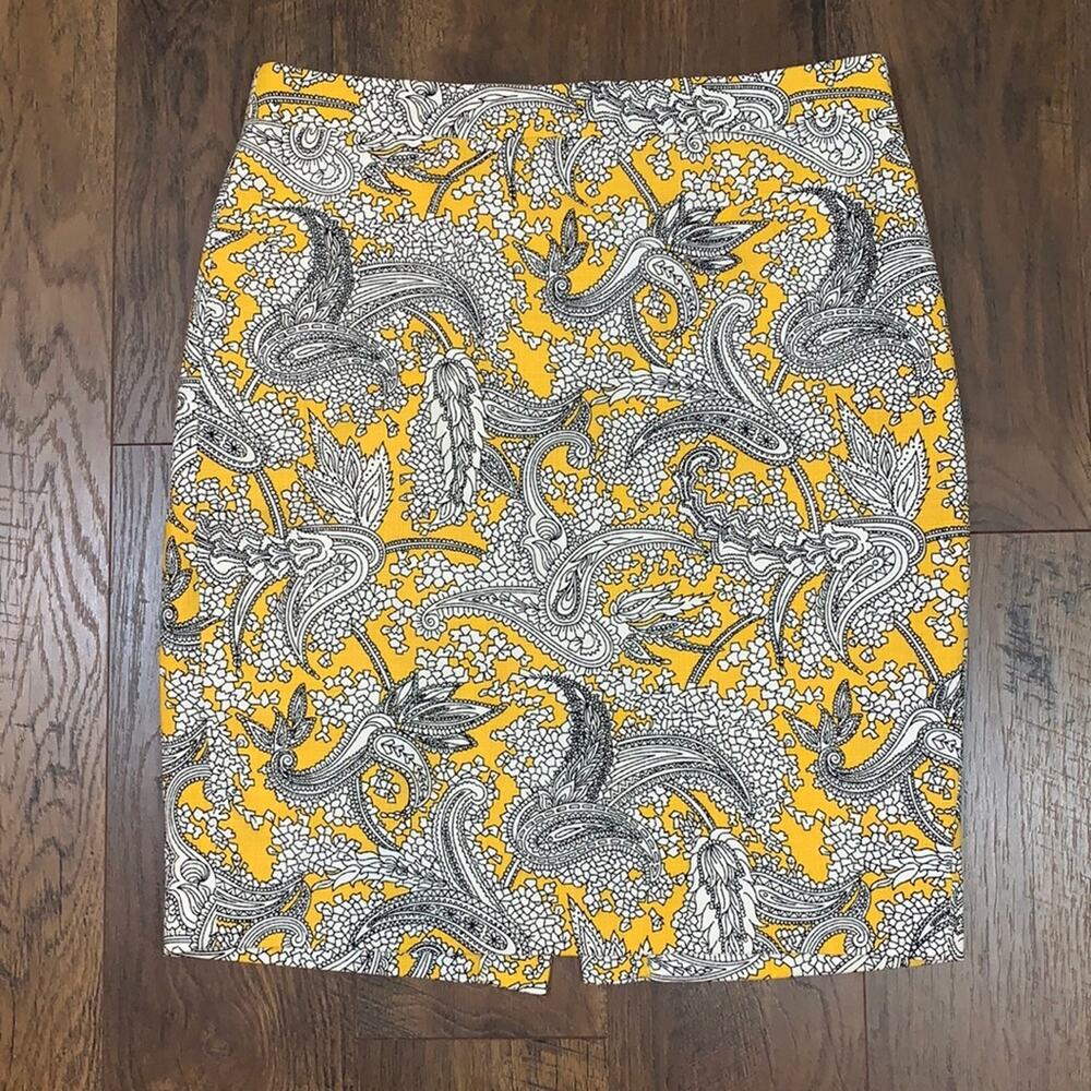 J Crew Basket Weave Paisley Yellow Pencil Skirt